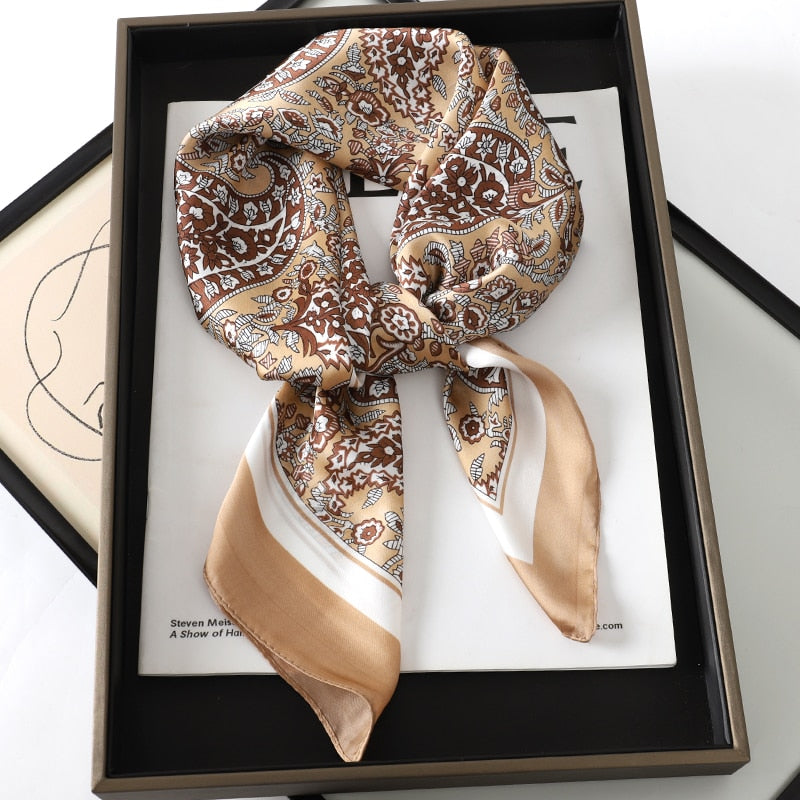 Flower Silk Square Scarf Women Satin Shawl Wrap Female Hair Band Wrist Luxury Headkerchief 70*70cm