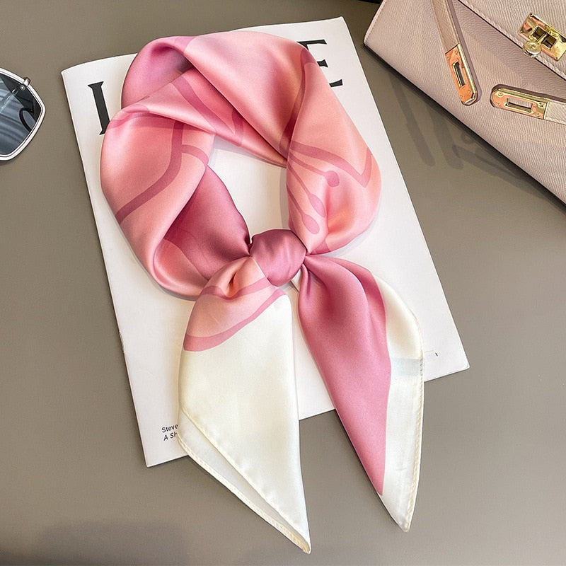 Flower Silk Square Scarf Women Satin Shawl Wrap Female Hair Band Wrist Luxury Headkerchief 70*70cm