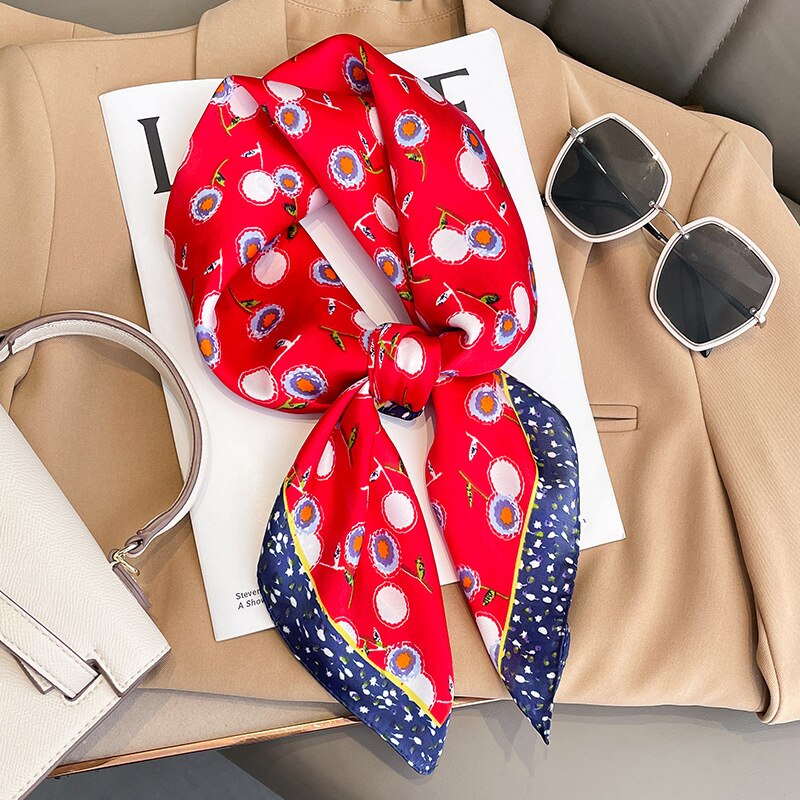 Flower Silk Square Scarf Women Satin Shawl Wrap Female Hair Band Wrist Luxury Headkerchief 70*70cm