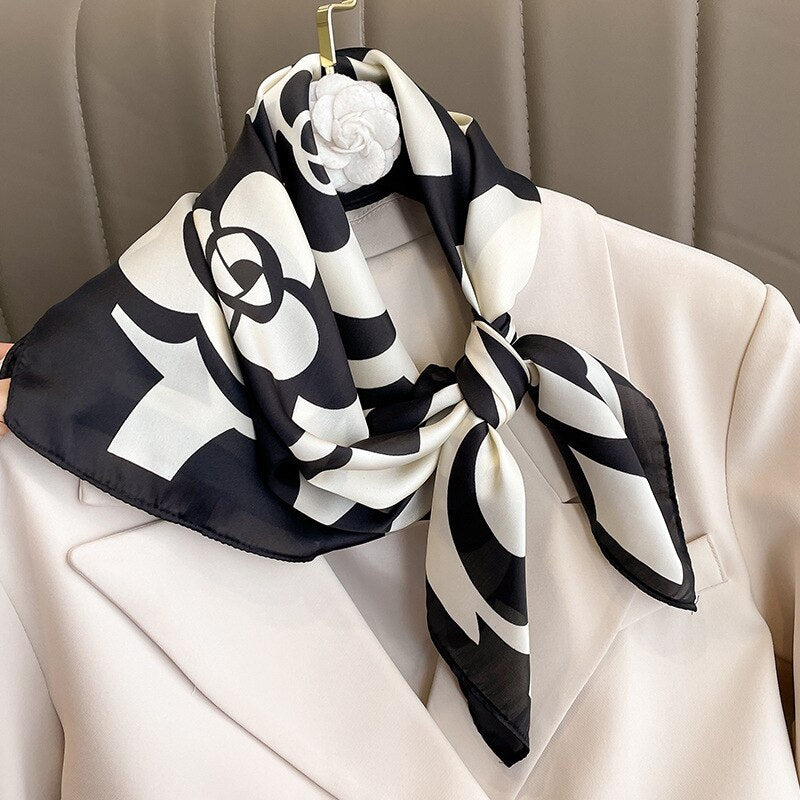 Flower Silk Square Scarf Women Satin Shawl Wrap Female Hair Band Wrist Luxury Headkerchief 70*70cm