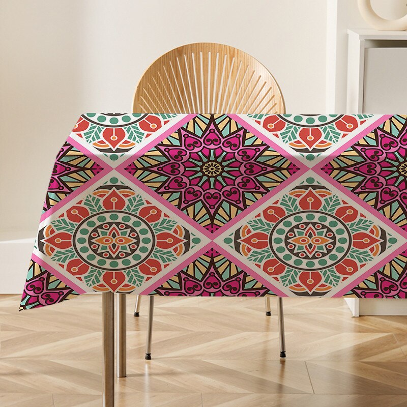 Mandala Floral Patterns Flax Linen Tablecloth Table Dustproof Cover Heat Resistant Kitchen Dining Room Decoration Multiple Sizes