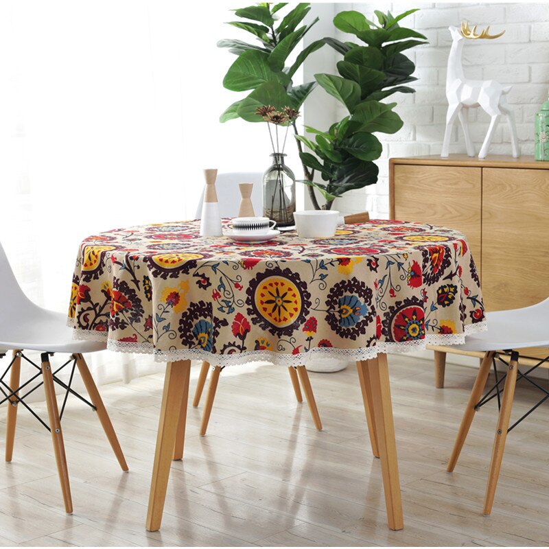 Popular Lace Round Bohemian Sunflower Flowers Printed Tablecloth