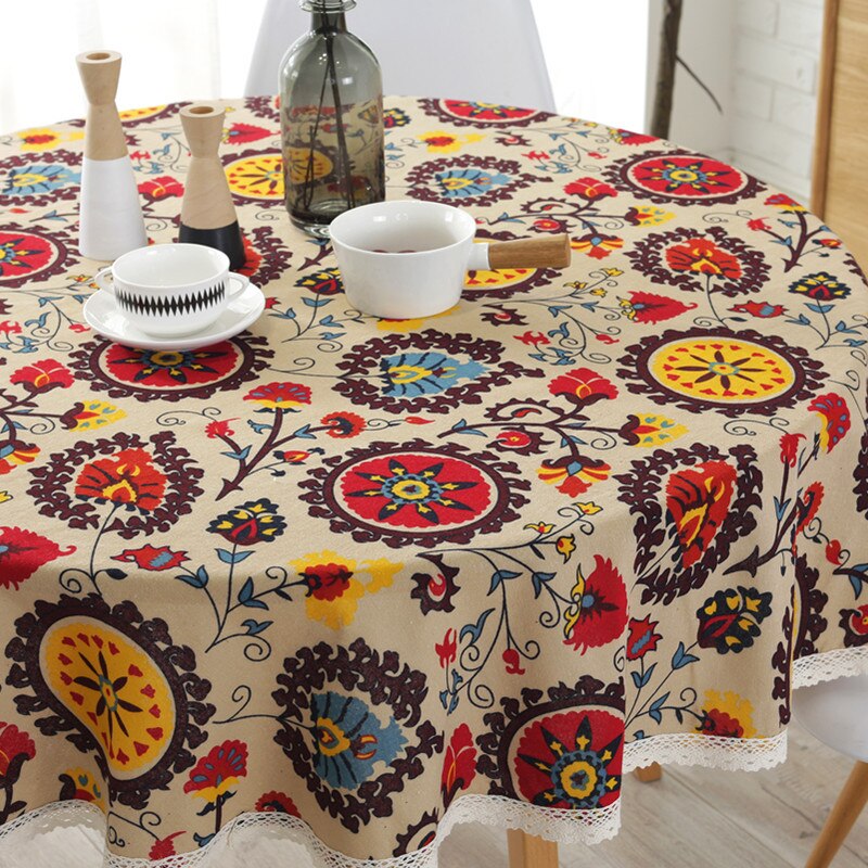 Popular Lace Round Bohemian Sunflower Flowers Printed Tablecloth