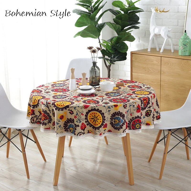 Popular Lace Round Bohemian Sunflower Flowers Printed Tablecloth