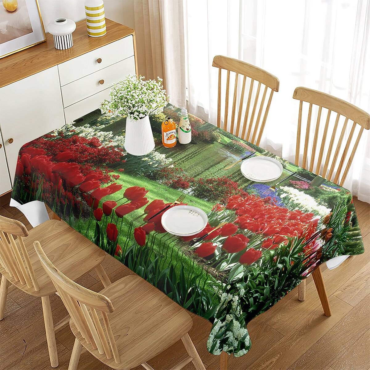 Cotton Tablecloth Flowers Plant Spring Theme Dining Room Outdoor