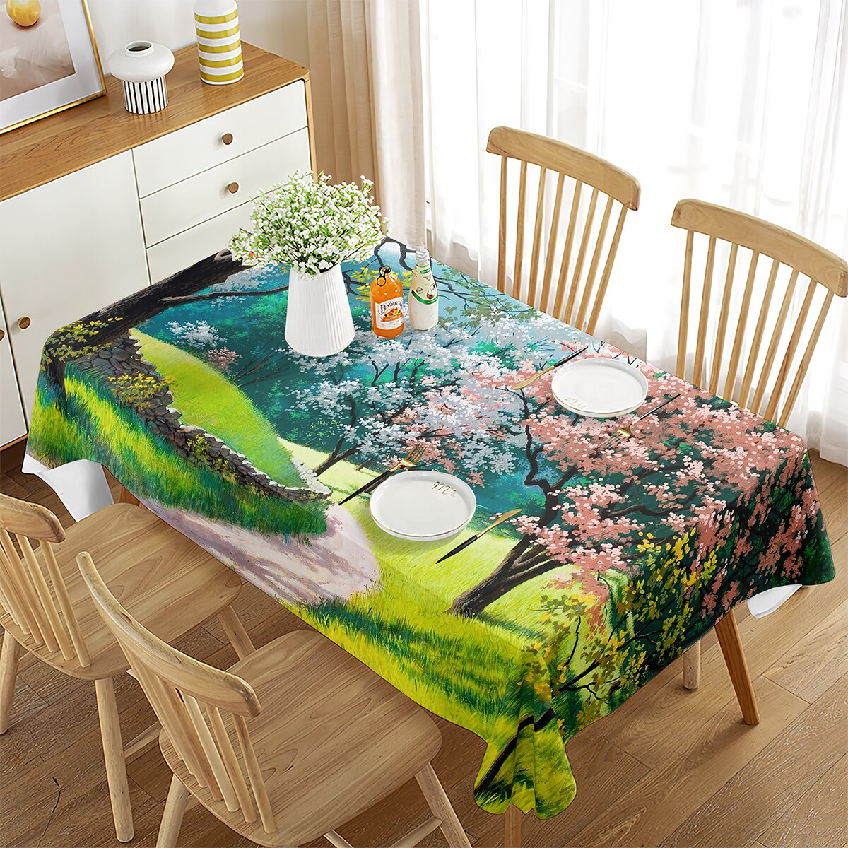 Cotton Tablecloth Flowers Plant Spring Theme Dining Room Outdoor