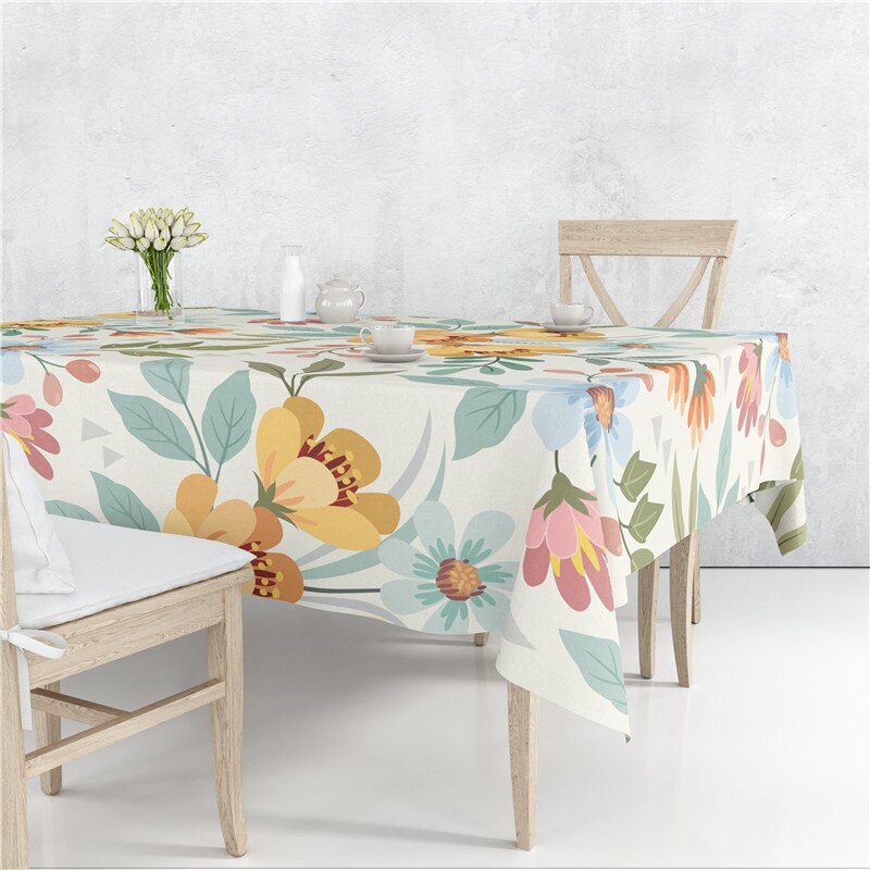 Pastoral Scattered Flower Flax Linen Tablecloth Dustproof Cover Heat Resistant For Kitchen Dining Room Multiple Sizes