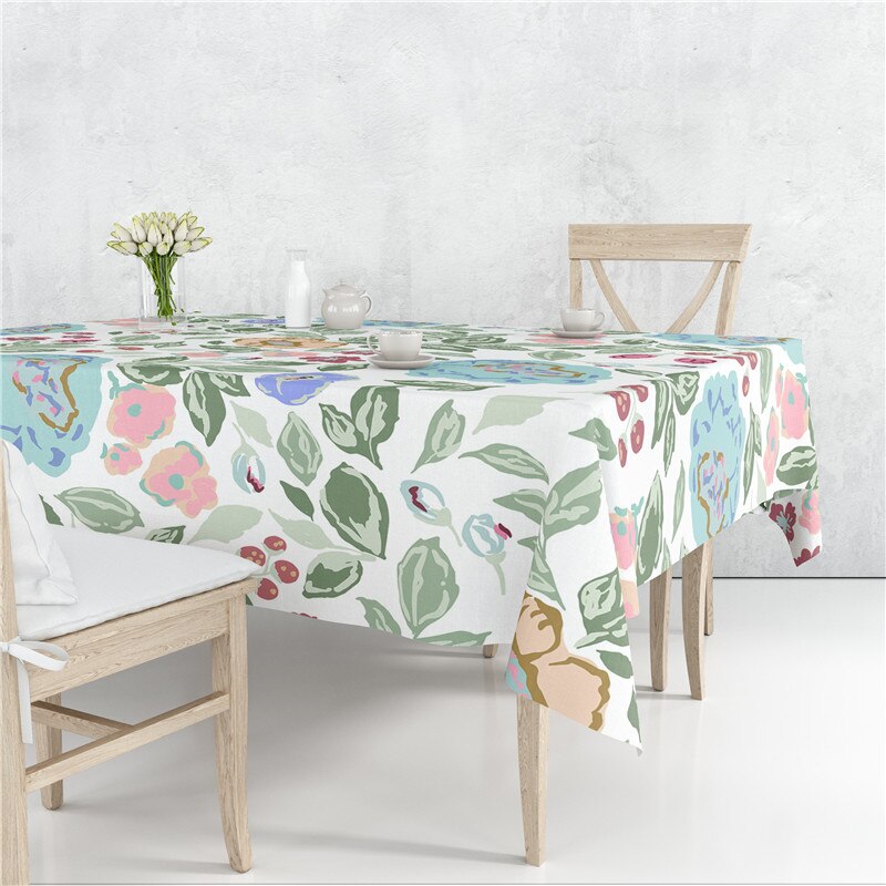 Pastoral Scattered Flower Flax Linen Tablecloth Dustproof Cover Heat Resistant For Kitchen Dining Room Multiple Sizes