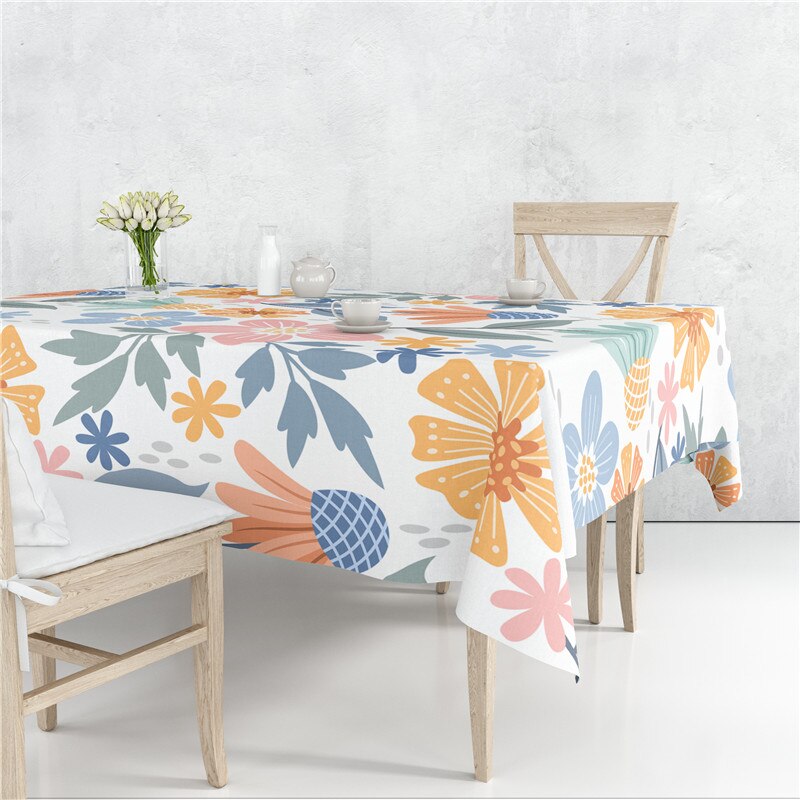 Pastoral Scattered Flower Flax Linen Tablecloth Dustproof Cover Heat Resistant For Kitchen Dining Room Multiple Sizes