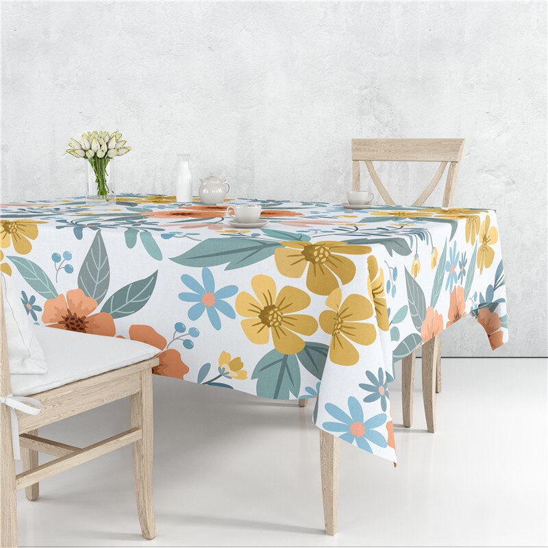 Pastoral Scattered Flower Flax Linen Tablecloth Dustproof Cover Heat Resistant For Kitchen Dining Room Multiple Sizes