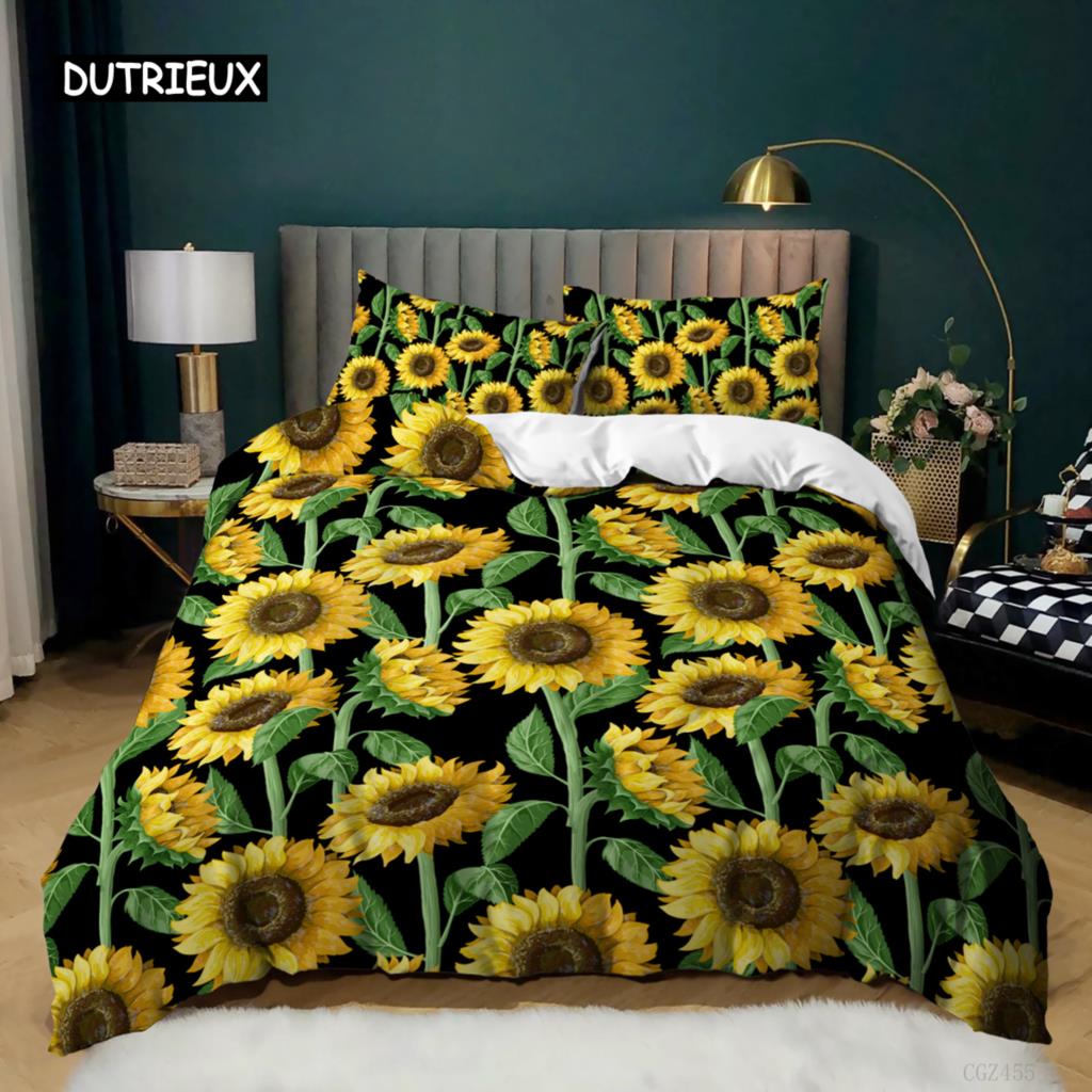 Sunflower Duvet Cover Set King Queen Size Girly Yellow Floral Print Comforter Cover Microfiber Flowers Pattern Twin Bedding Set