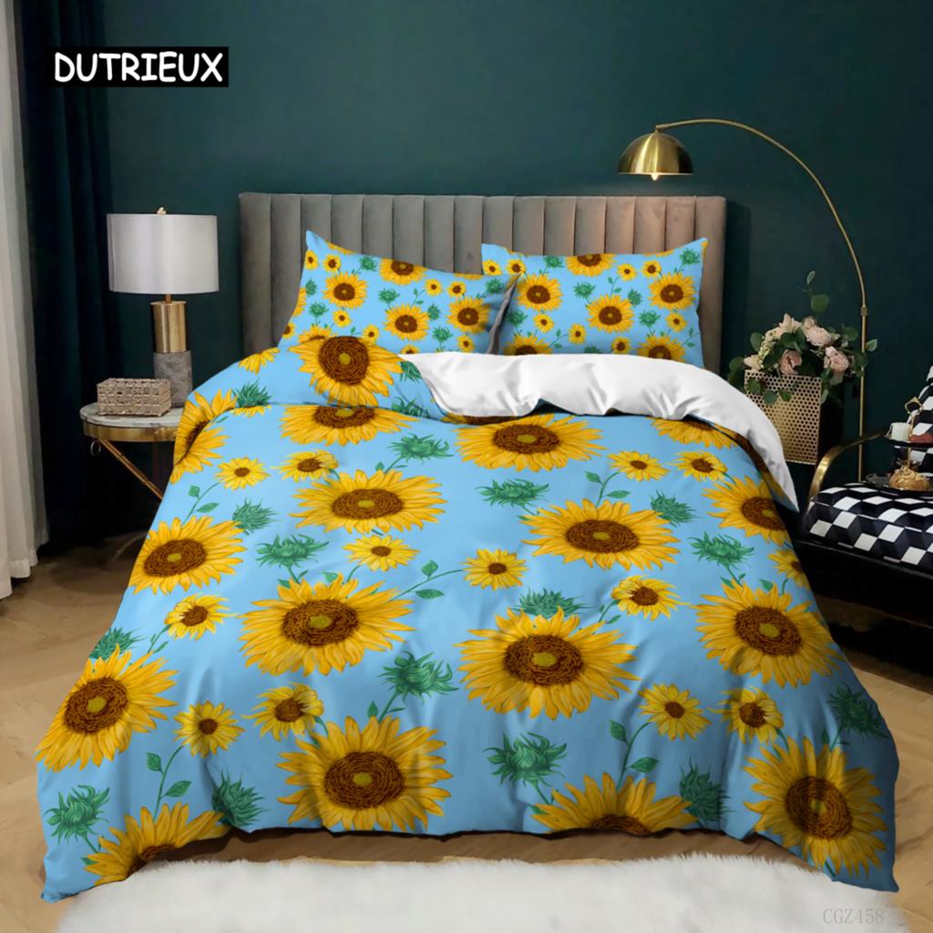 Sunflower Duvet Cover Set King Queen Size Girly Yellow Floral Print Comforter Cover Microfiber Flowers Pattern Twin Bedding Set